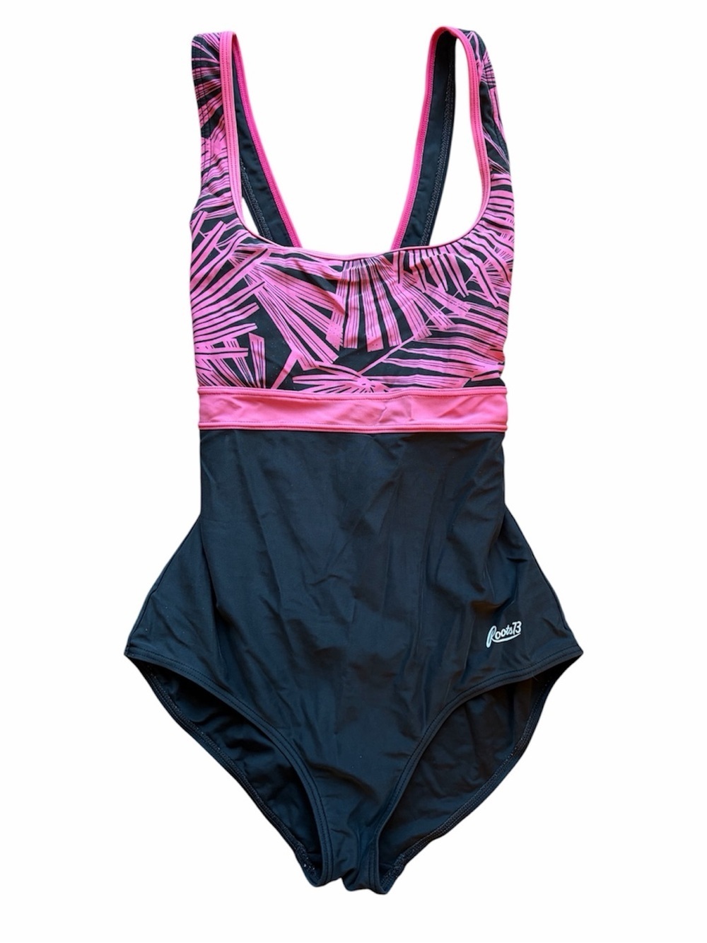 Roots One Piece Swimsuit Black Pink Tropical Print Athletic Scoop Neck Bathing